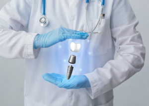 a dentist holding a hologram of a dental implant 